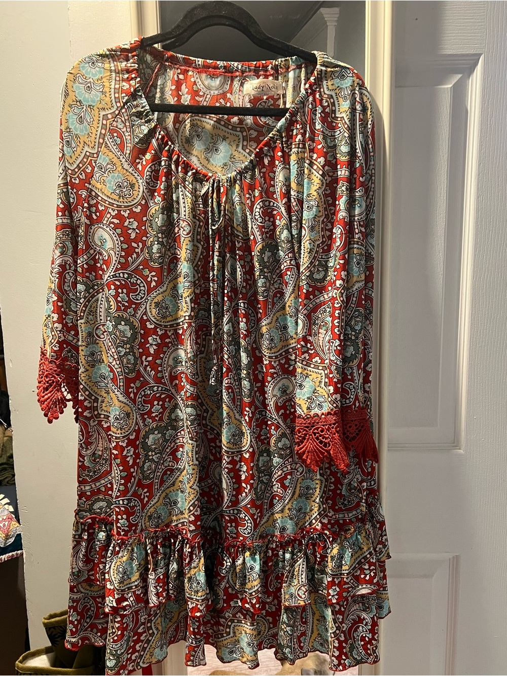 Lady Noiz Red Paisley Boho Blouse with Turquoise Accents